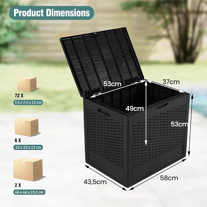 Giantex 25 Gallon Outdoor Storage Box, PP Deck Container with Rattan Patterns & Lockable Lid, All-Weather Patio Plastic Storage Bin for Package Delivery, Garden Tools, Patio Cushions (Black)