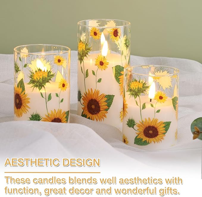 Sunflower Glass Flameless Pillar Candles with Remote, Flickering LED Battery Candles Spring Home Decor Set of 3