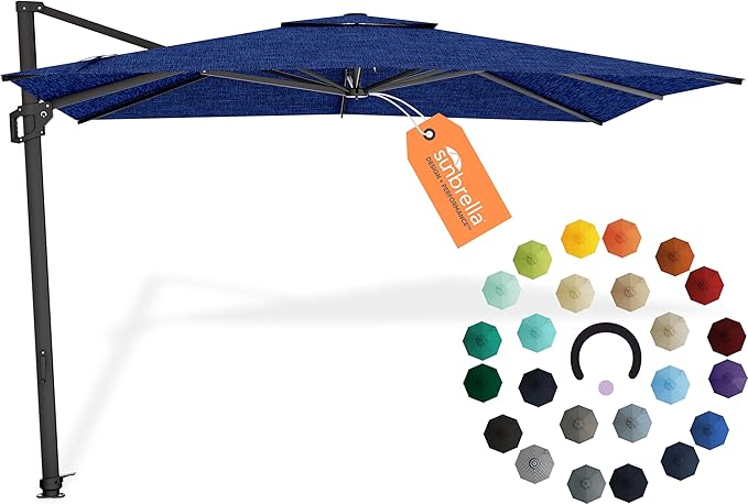 Midtown Umbrellas The Grande Square 9 x 9 FT Outdoor Cantilever Patio Umbrella w/Sunbrella Spectrum Indigo Acrylic Fabric - 8 Rib Frame Offset w/Tilt & 360° Rotate Pedal System - Black Frame