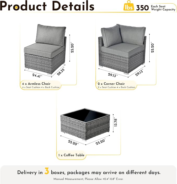 Weaxty 7 Pieces Outdoor Patio Furniture Set,Wicker Sectional Sofa Couch with Thicken Cushion and Glass Coffee Table,All Weather Rattan Patio Conversation Sets for Porch,Poolside,Backyard,Dark Gray