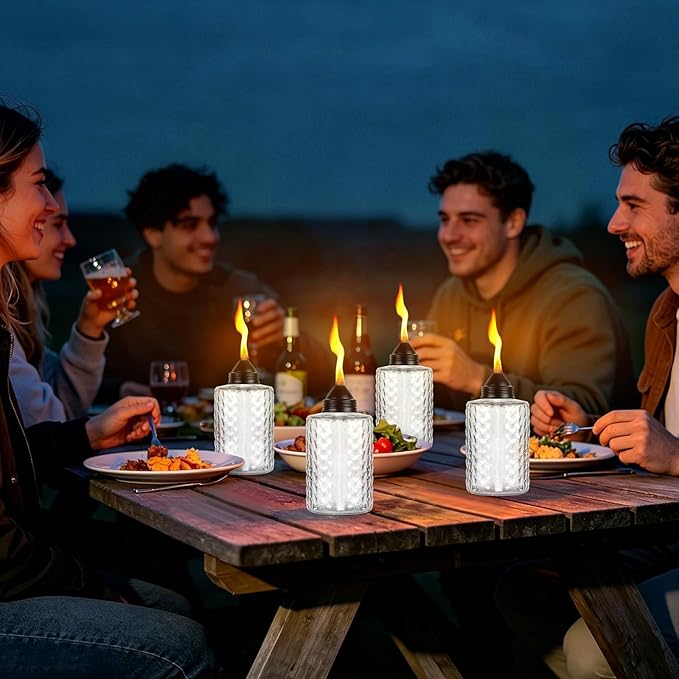 KintKita Glass Torches for Outside 4 Pack, 12oz Table Top Citronella Torch Outdoor Lighting, Refillable Tabletop Torch Includes Wick & Cap for Outside Patio & Backyard Parties Décor (White