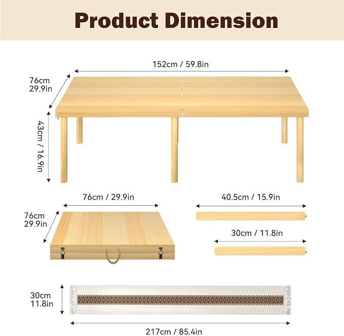 MELLCOM 60" x 30" Folding Picnic Table, Portable Wooden Low Table with Handle, 2 Heights Options (12.8"/16.9") & Long Table Runner, Boho Picnic Table for Beach, Camping & Indoor Study