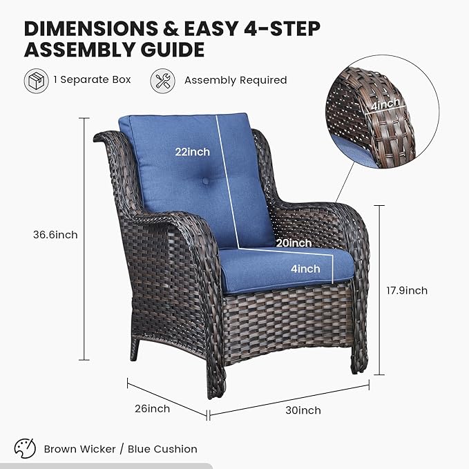 Belord High Back Patio Chairs Set of 2 - Brown Wicker Chairs Outdoor Seating, 4" Wide Armrests Rattan Outdoor Club Chair with Blue Removable Cushion for Deck Porch Backyard