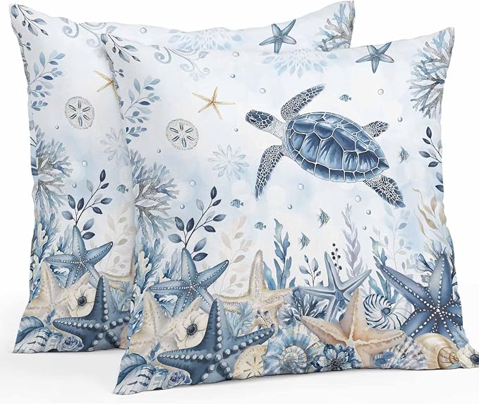 Pack of 2 Blue Turtle Coastal Outdoor Pillow Covers Decorative, Beach Starfish Waterproof Pillow Protector, Nautical Coral Botanical Throw Pillowcases Accent Cushion Cases for Patio Couch Sofa 16"x16"