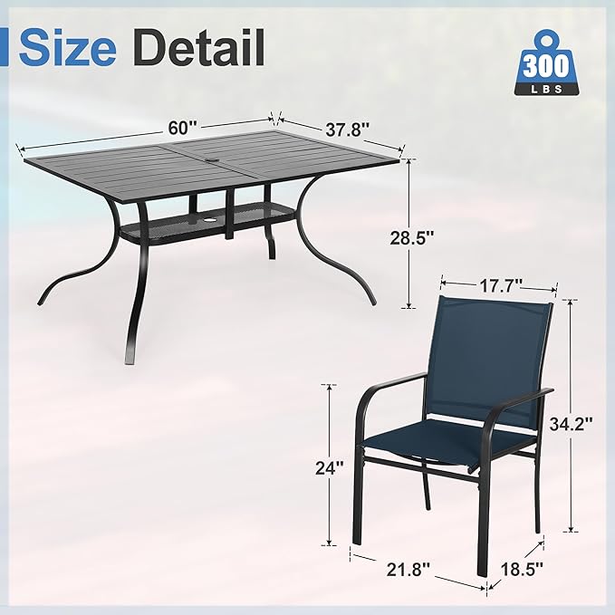 Crownland 7 Piece Patio Dining Set, Outdoor Textilene Dining Sets, 6 Textilene Metal Chairs and Rectangular Outdoor Dining Table with 1.57" Umbrella Hole (Blue)