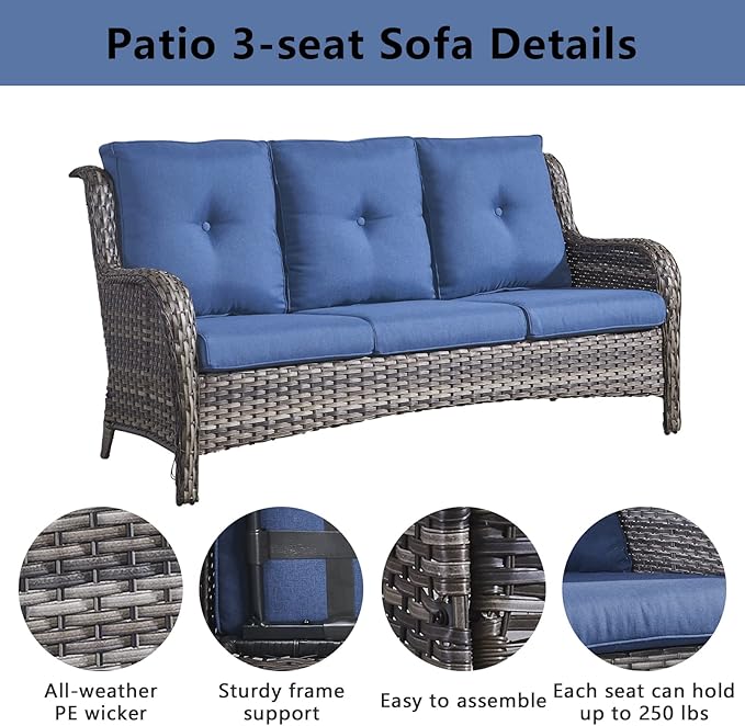 Belord Wicker Patio Furniture Sets - 8 Piece Outdoor Furniture Rattan Conversation Sets with 4 Swivel Rocker Chairs, Rattan Sofa, Wicker Ottomans and Coffee Table, Mixed Grey/Blue