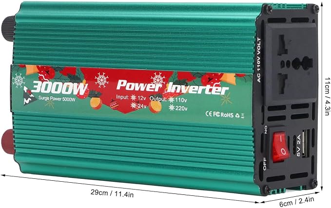 3000W Pure Sine Wave Power Inverter, DC 12V to AC 110V & Home Use with 1 AC Outlet, 1 USB Port & 6 Protections for Outdoor Camping & Traveling
