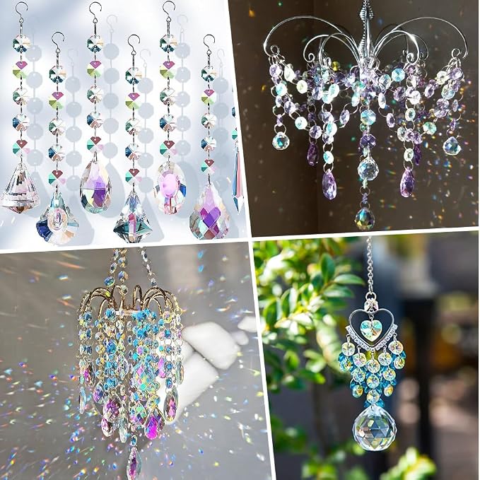 120Pcs Colorful 14mm Octagonal Crystal Beads 2 Holes Glass Octagon Prism Beads AB Color Crystal Chandelier Parts Replacement Suncatcher Faceted Spacers for DIY Lamp Hanging Pendant Jewelry