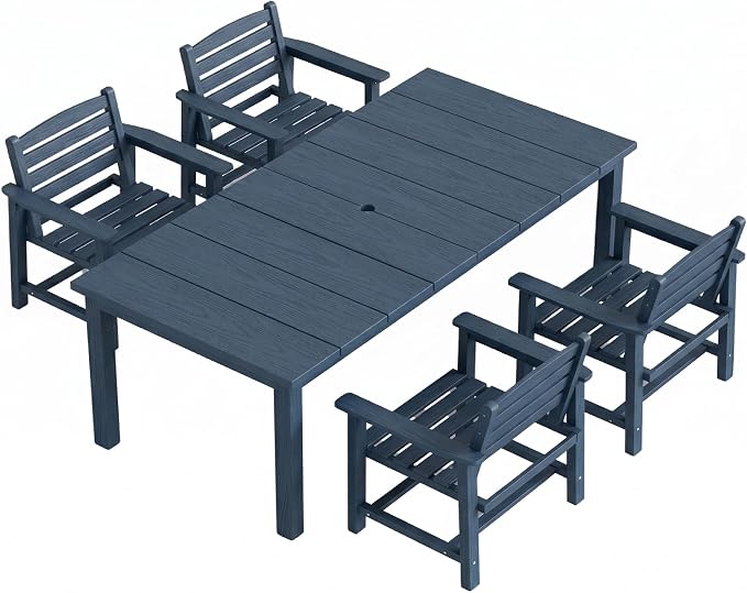 Kingdura 5 Piece Patio Dining Set for 4, 75.2'' HDPE Outdoor Dining Table Set with 2" Umbrella Hole, Weather-Resistant Outdoor Furniture, Table and Chairs Set for Backyard Pool Garden, Blue