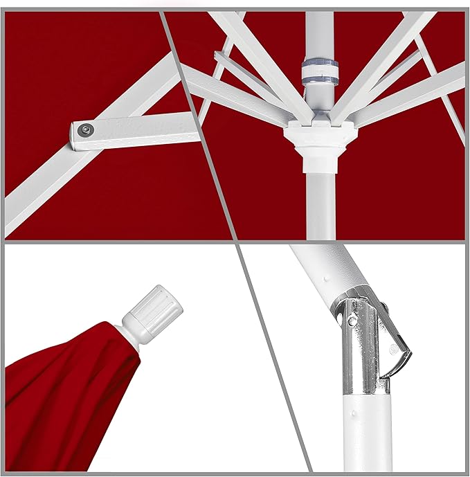 California Umbrella 9' Round Aluminum Market Umbrella, Crank Lift, Collar Tilt, White Pole, Jockey Red