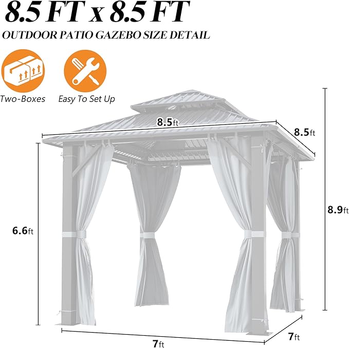 GARTOO 8.5x8.5FT Outdoor Hardtop Gazebo with Double Roof - Aluminum Heavy-Duty Steel Top Gazebo with Breathable Netting & Privacy Curtain for Patio, Porch, Garden, Lawn, Deck, Backyard