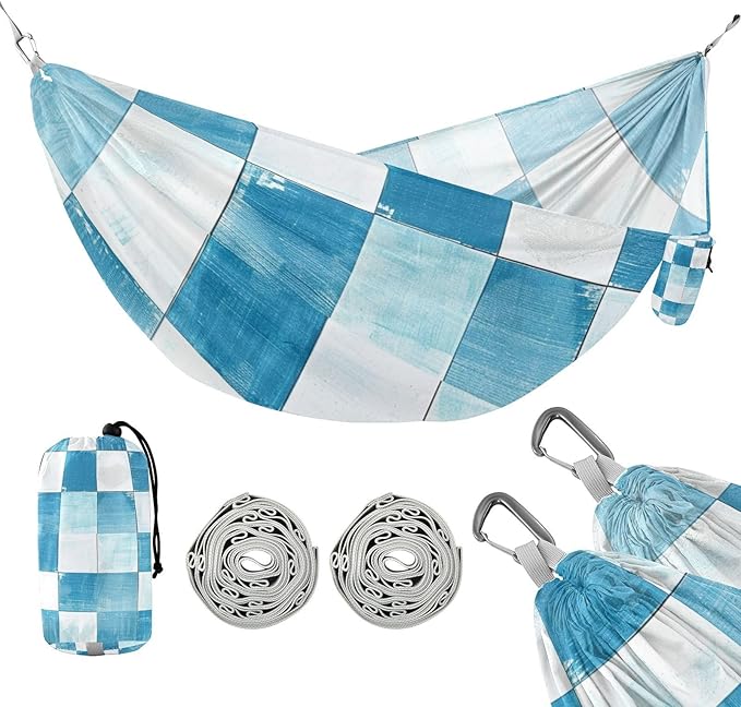 Light Blue and White Checkered Pattern 330lb Capacity Hammocks for Camping with Portabl Carry Bag Tree Hammock for Outside Patio Garden accesorios para Camping