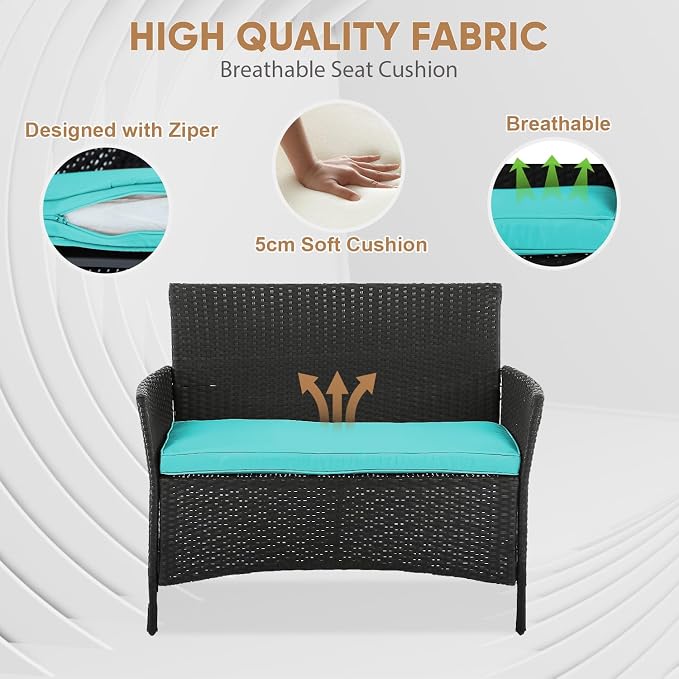 NChanmar Patio Furniture Set, 4 Pieces Outdoor Furniture Rattan Chair, Patio Table and Chairs Set, Wicker Sofa for Yard,Pool and Backyard, Blue