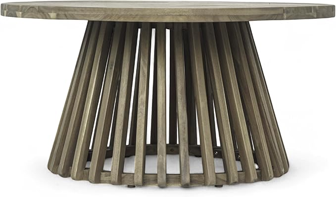 Christopher Knight Home Hakee Acacia Wood Patio Coffee Table, Round Table with Unique Wooden Base for Backyard, Balcony, Stylish Indoor/Outdoor Table, Easy Assembly, 31.5"x 31.5"x 16", Grey