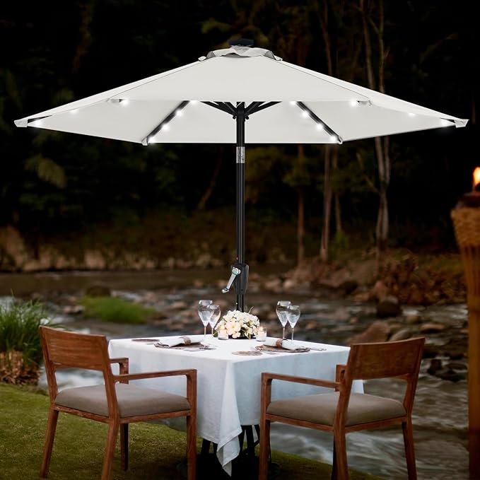 MASTERCANOPY 7.5FT 6Ribs Patio Umbrella with 32 Solar LED Lights, Outdoor Market Umbrella with Tilt & Crank, UV Protection & Fade Resistant Fabric, Easy Set-Up for Garden, Deck, Pool (Light Beige)