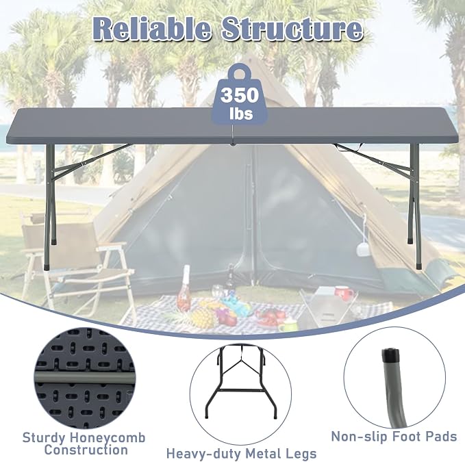 Tangkula 8 FT Folding Table, Indoor Outdoor Foldable Plastic Table with HDPE Tabletop, Sturdy Metal Fame, Carrying Handle, Heavy Duty Portable Fold-in-Half Picnic Table for Camping BBQ Party