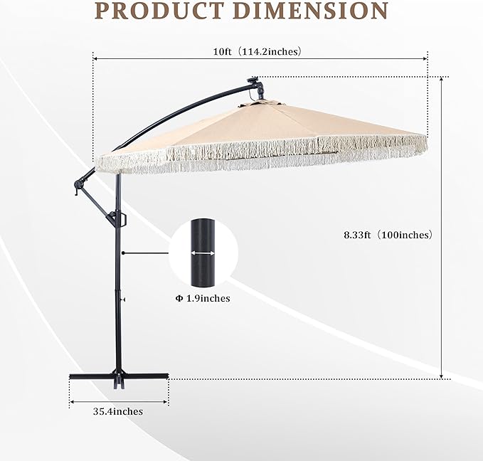 MONDAWE 10FT Cantilever Patio Umbrella with Tassels, 360° Rotation Offset Outdoor Umbrella, Heavy Duty Backyard Shade Umbrella with 180G Fabric for Patio Garden Deck