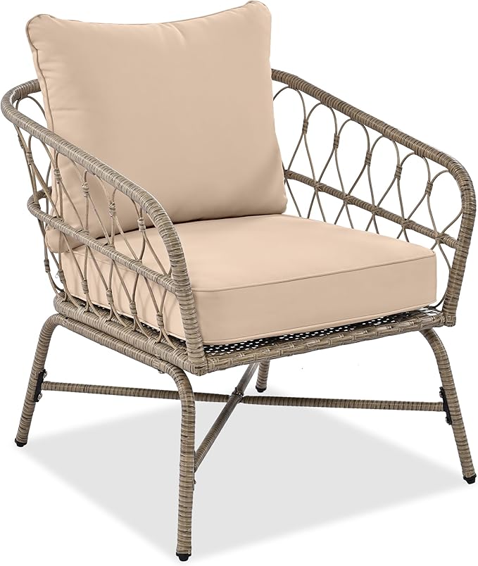 Bohemia-Inspired 4-Person Outdoor Seating Group with Loveseat, 2 Chairs and Table, All Weather Conversation Patio Set with Wood Tabletop and Washable Cushions for Backyard Poolside Garden