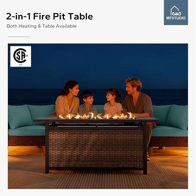 MFSTUDIO 9 Piece Wicker Patio Furniture Set with 56" Fire Pit Table, All-Weather PE Rattan Patio Sectional Sofa Conversation Set with 50000 BTU Fire Pit Table, Ottoman & Aqua Blue Cushion