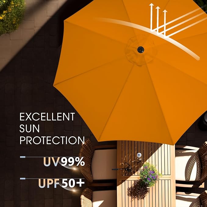 wikiwiki 9FT Patio Umbrella with Base, Outdoor Umbrellas with Base Included, 8 Sturdy Ribs, Waterproof Fade Resistant POLYESTER DTY Canopy for Deck, Lawn, Garden, Backyard & Pool, Orange