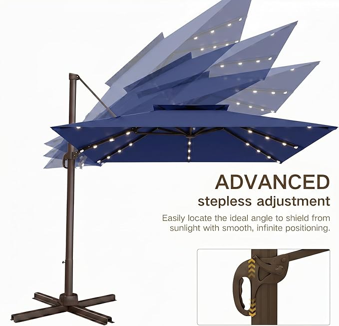 Kingdura Cantilever Patio Umbrella with Double Top Vent, Large Square Aluminum Outdoor Offset Umbrella with 360-degree Rotation, Infinite Tilt, UV Protection for Pool Deck Garden Patio