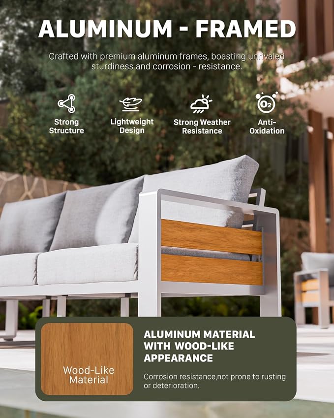 ZANDOR Aluminum Outdoor Patio Furniture Set with Coffee Table, 7 Seats Patio Conversation Sets with Washable Thick Cushions, Outdoor Sectional for Porch, Backyard, Deck, Garden & Poolside, Silver