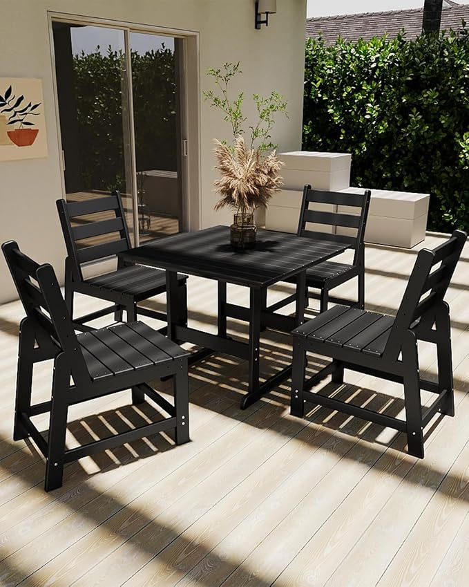 GREENVINES 5-Piece-Outdoor-Dining-Set | HDPE | Square | Patio Furniture | All Weather | Armless Chair | Slatted Table and Chairs Sets for 4 | for Backyard Poolside Garden | Black