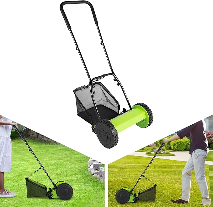 5-Blade Wheeled Manual Lawn Mower, 12 Inch Manual Push Reel Lawn Mower Push Lawn Sweeper, 0.67-1.3 in Adjustable Cutting Height Walk-Behind Lawn Mowers with 6-Gallon Collection Bag for Yard, Garden