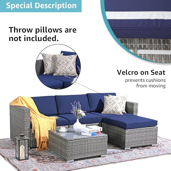 Patiorama 5 Piece Outdoor Patio Furniture Set, Outdoor Sectional Conversation Set, All-Weather Grey PE Wicker w/Navy Blue Cushions, Outdoor Backyard Porch Garden Poolside Balcony Furniture Set