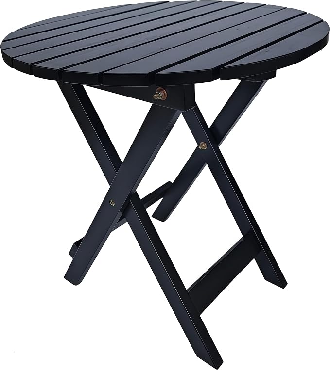Outdoor Wooden Side Table, Folding Patio End Table, Small Round Furniture Table for Adirondack Chair, Balcony, Porch, Acacia Wood, No Assembly, Black