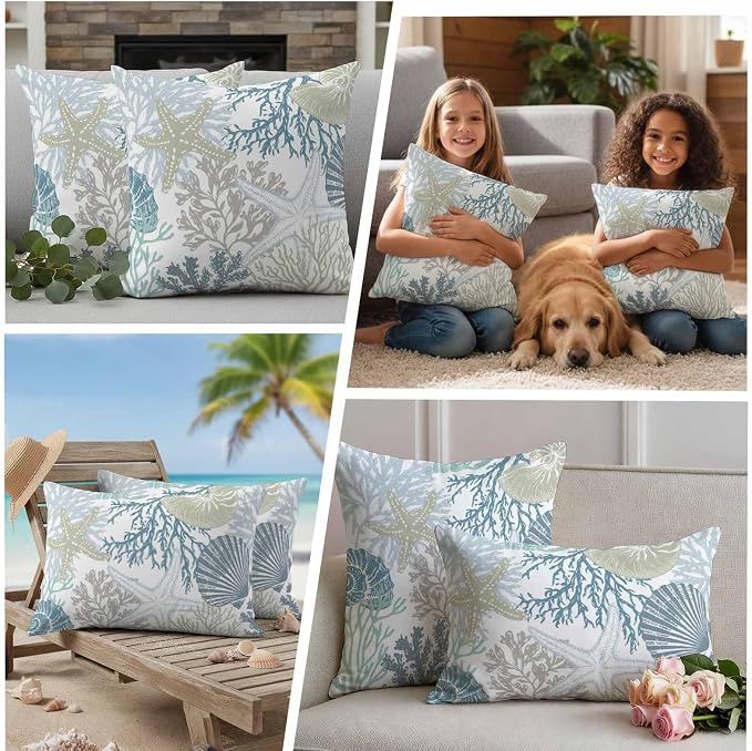 Blue Coral Coastal Waterproof Outdoor Pillow Covers 18''x18'' Set of 2, Starfish Conch Patio Furniture Summer Cushion Covers for Chairs, Decorative Beach Ocean Pillow Cases for Garden/Pool/Beach