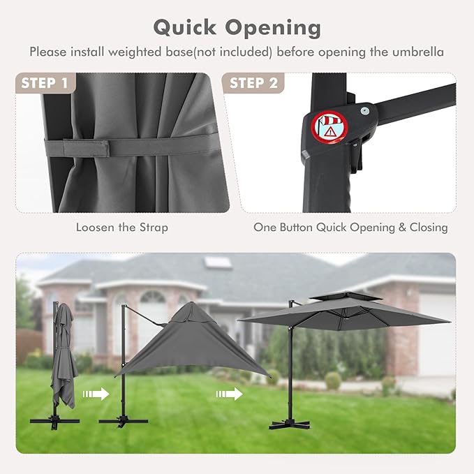 Tangkula 9.5 FT Cantilever Patio Umbrella, Outdoor Square Offset Umbrella with 360°Rotation, Double Top Heavy Duty Patio Hanging Umbrella with Cross Base for Garden Deck Pool Backyard (Grey)