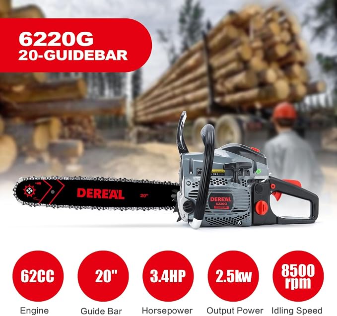 62CC Gas Chainsaws 2-Stroke Gasoline Chainsaw 20-Inch Gas Powered Chainsaws for Cutting Wood Tree Outdoor Garden Farm Home