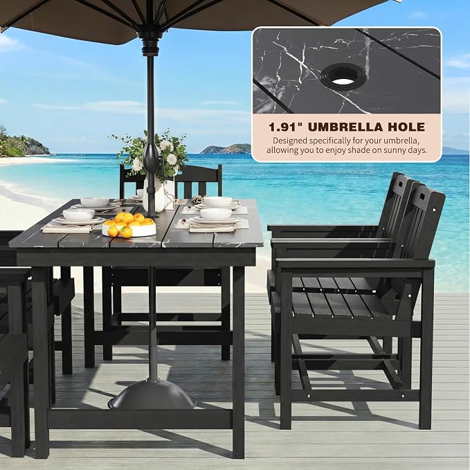 7-Piece HIPS Patio Dining Set, 66.9" W Marble Texture Outdoor Table with Umbrella Hole & 440LBS Capacity & Galvanized Steel Frame, 6 Chairs | 19.7" W, Dining Table Furniture Set for 6, Black