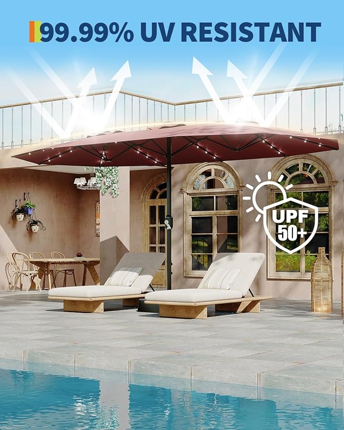 15FT Outdoor Patio Umbrella,Double-Sided Rectangle Market Umbrella with 36 LED Solar Lights & Base,UV50+ Weather-Resistant Oversized Outdoor Umbrella,Crank Lift,3-Way Shade for Pool,Garden,Backyard