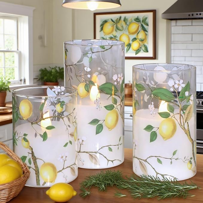 Silverstro Flameless LED Candles with Remote Lemon Decal Glass Flickering Battery Operated Candles for Home Room Party Wedding Holiday Christmas Valentine's Day Decor - Set of 3