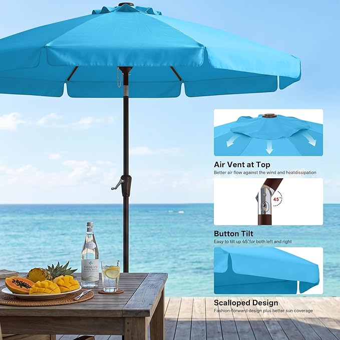 ABCCANOPY 9ft Scalloped Patio Umbrella, Outdoor Table Umbrella with Tilt and Crank, Fiberglass Ribs Deck Umbrella for Patio, Pool, Garden, Picnic (Turquoise)