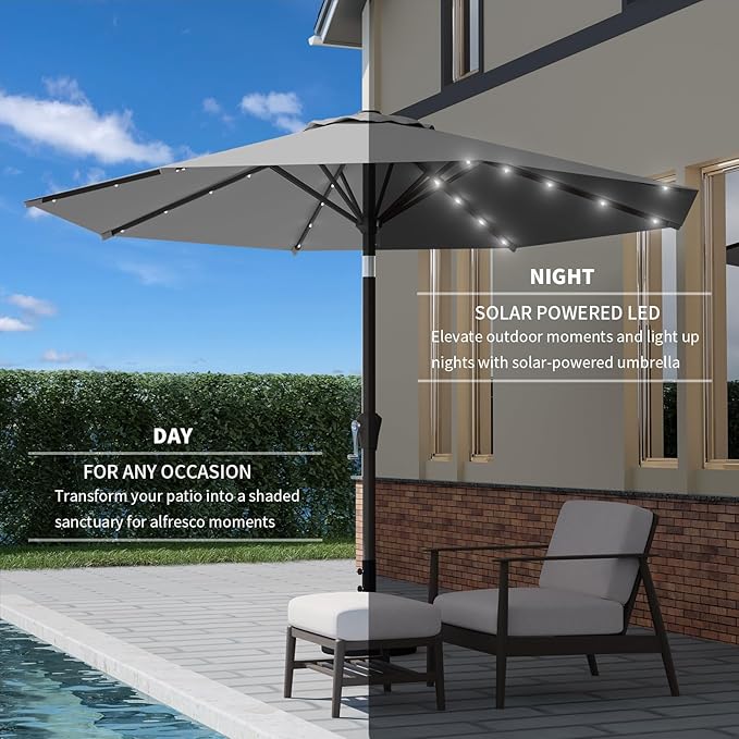 9FT Patio Umbrella with Solar Lights,Outdoor Market Umbrella with Tilt and Crank, LED Lighted Table Umbrella for Garden,Deck,Backyard,Pool,Beach (Light Gray)