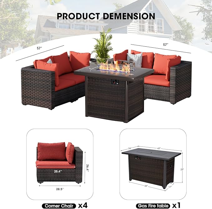 Patio Furniture Set with Fire Pit Table 5 Piece All Weather PE Rattan Outdoor Sectional Sofa Couch with 4 x arm Sofa, No-Slip Cushions for Garden, Poolside, Backyard (Red)