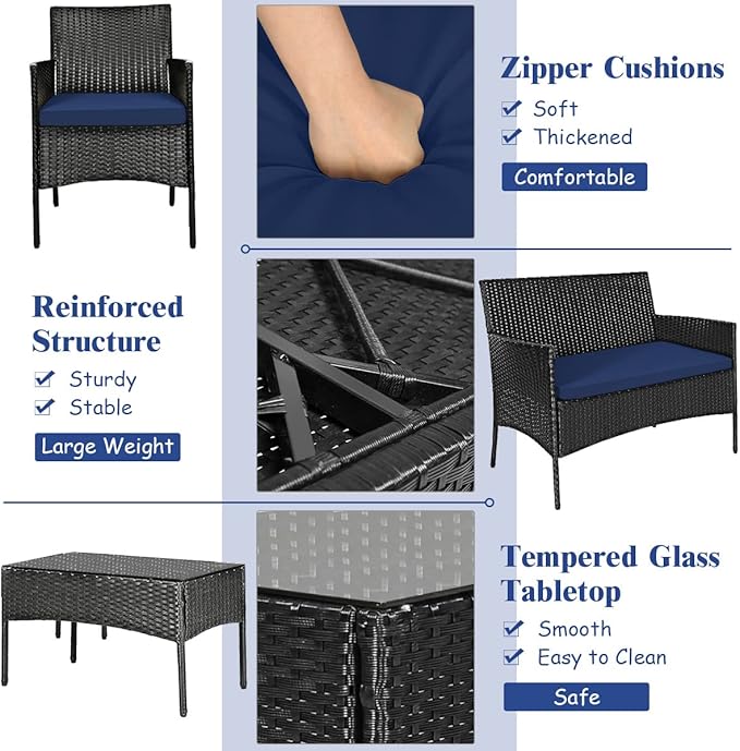 Tangkula 8 Piece Patio Furniture Set, Outdoor Wicker Conversation Set with Tempered Glass Coffee Table, Rattan Loveseat & Chairs Set with Seat Cushions for Backyard, Garden, Poolside (2, Navy)