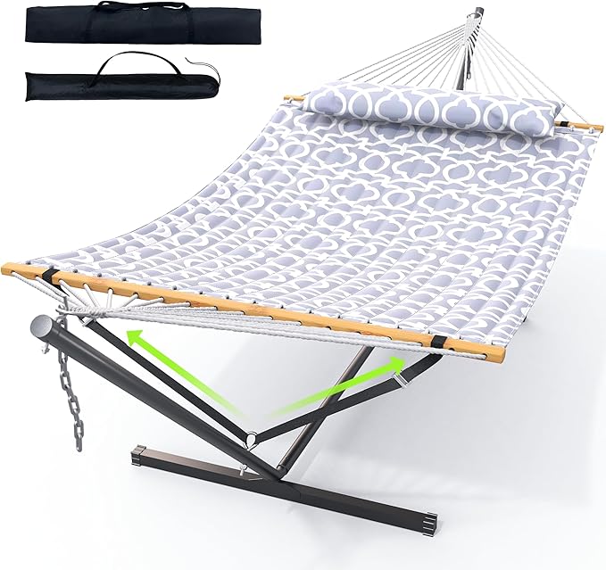 Double Hammock with Stand, Heavy Duty Outdoor Hammock for Two, 500 LBS Capacity, Stable Steel Frame with Balance Strap, Easy Tool-Free Assembly for Patio, Garden, Backyard & Beach,Round Gray