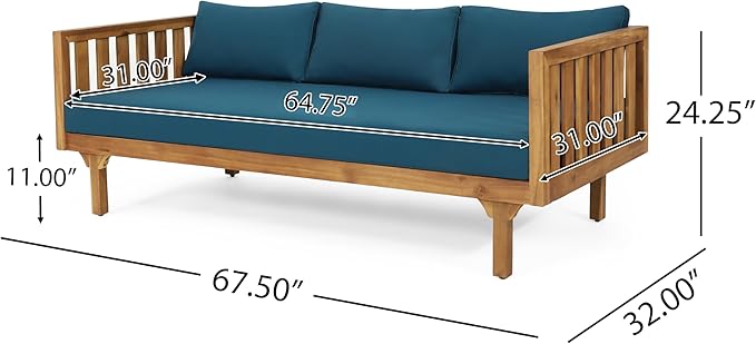 Merax Outdoor Acacia Wood Conversation Set - Patio 3-Seat Loveseat Sofa w/Coushion and Round Coffee Table for Backyard, Lawn, Balcony, Teak+Teal/Light Teak