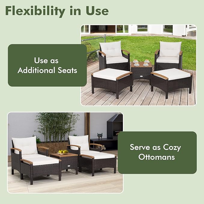 HAPPYGRILL 5 Pieces Patio Furniture Set Outdoor PE Wicker Lounge Chair and Ottoman Set with Cushions and Side Table with Acacia Wood Tabletop, Outdoor Conversation Set for Garden Poolside Backyard