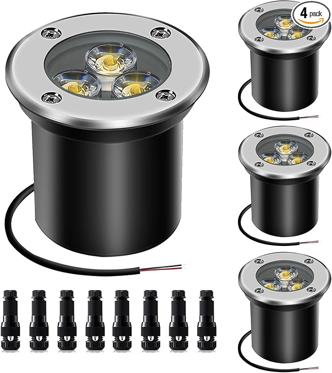4 Pack Low Voltage LED Landscape Lights - 3W 12V/24V IP67 Waterproof In-Ground Well Lights with Convex Lens for Driveway, Garden, Pathway, Deck (Warm White 3000K) + 8 Wire Connectors Included
