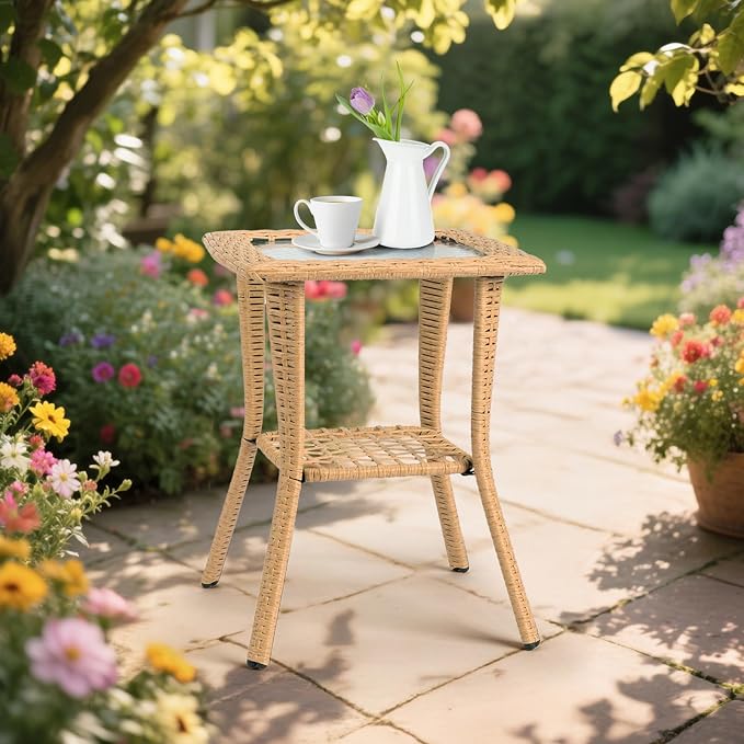 Outdoor Wicker Side Table, Rattan End with Glass Top, Patio Coffee Bistro for Indoor Garden Porch Balcony (Beige)