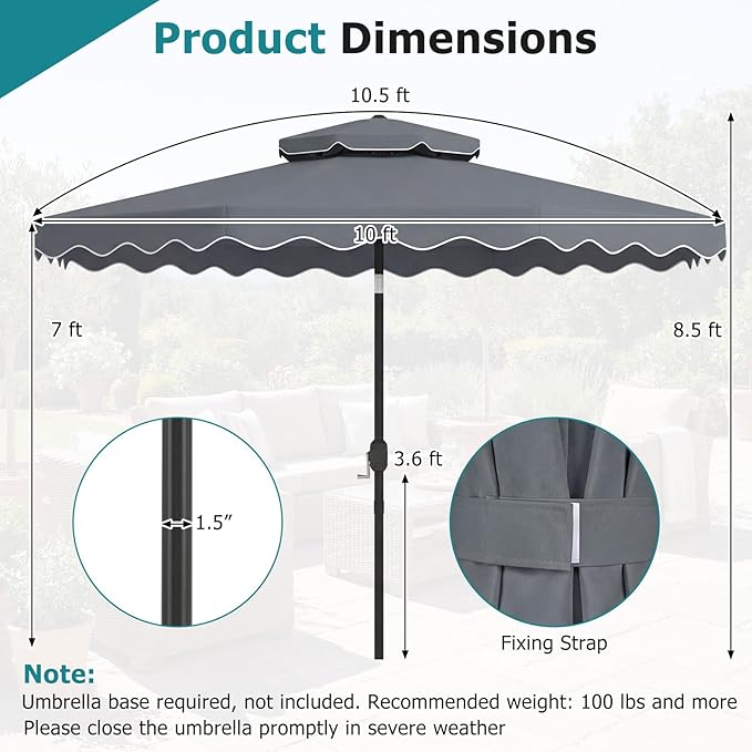 Happygrill 10 FT Patio Umbrella, Scalloped Outdoor Table Market Umbrella with Push Button Tilt & Crank, 2-Tier Vented Top, Heavy-Duty 8 Metal Ribs, Sun-Protective Canopy, Ruffle for Deck Pool Garden (Gray)