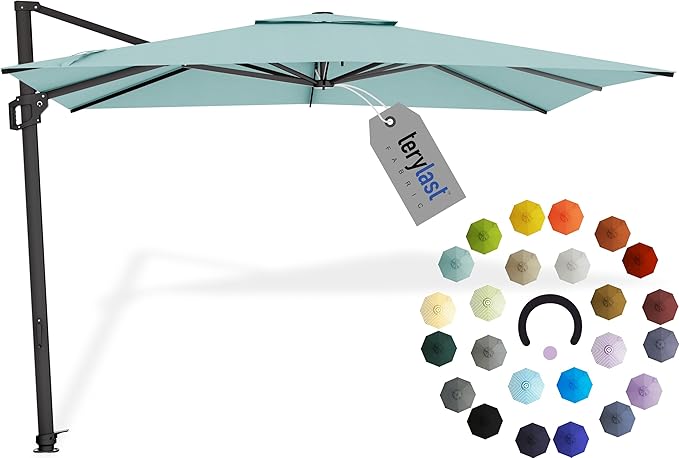 Midtown Umbrellas The Grande Square 9 x 9 FT Outdoor Cantilever Patio Umbrella w/Terylast Seawater (Aqua) Polyester Fabric - 8 Rib Frame Offset w/Tilt & 360° Rotate Pedal System - Black Frame