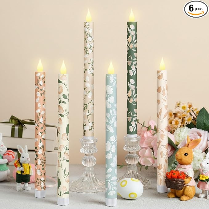 Honoson 6 Pcs Mother's Day Flameless Taper Candles 10.6 Inch Pastel Spring Flower Candles Battery Operated LED Candlesticks for Mother's Day Dinner Table Home Party Decor