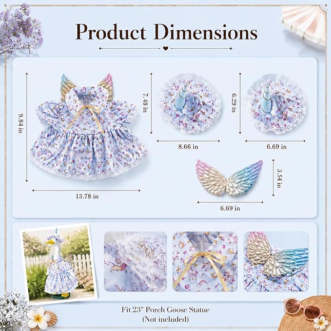 Unicorn Fairy Porch Goose Outfit, Pastel Lace Ruffle Dress & Horn Hat with Iridescent Wings, Fits Standard 23 Inch Lawn Goose Statue, Outdoor Garden Yard Decor