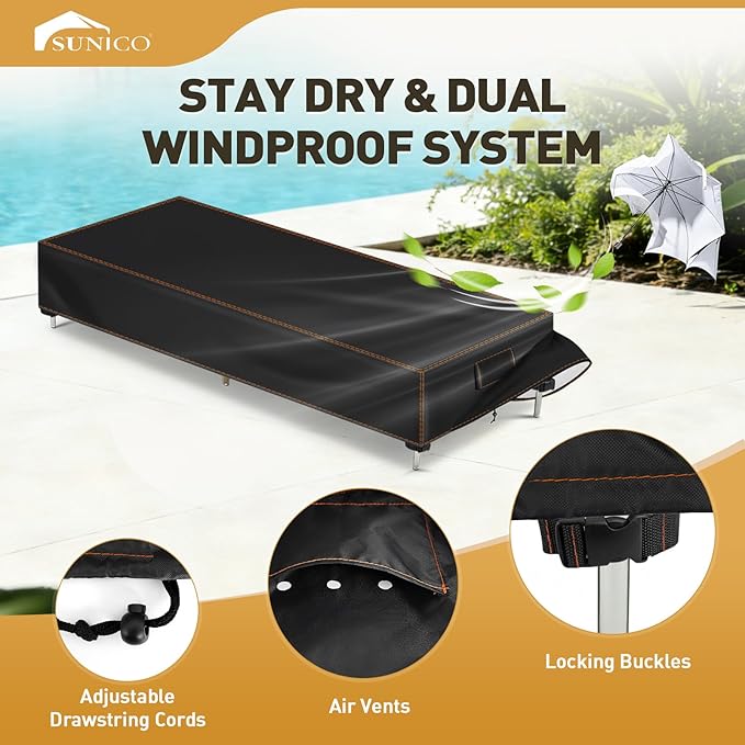 SUNICO Outdoor Lounge Chair Covers 2 Pack, 80" L x 28" W x 14" H Chaise Lounge Covers Outdoor Waterproof, Patio Lounge Chair Cover for Patio Furniture, UV Fade Protection, Tear-Resistant, Black